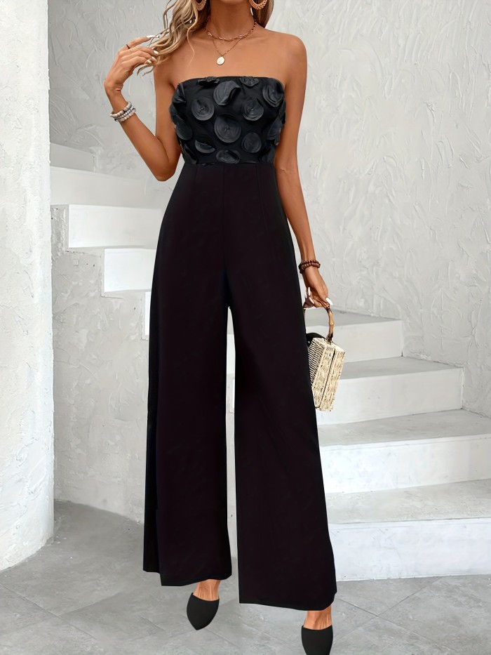 Elegant Off-Shoulder Wide-Leg Jumpsuit with Mesh Detail - Elastic Waist, Back Zipper, Machine Washable - Perfect for Casual Outings