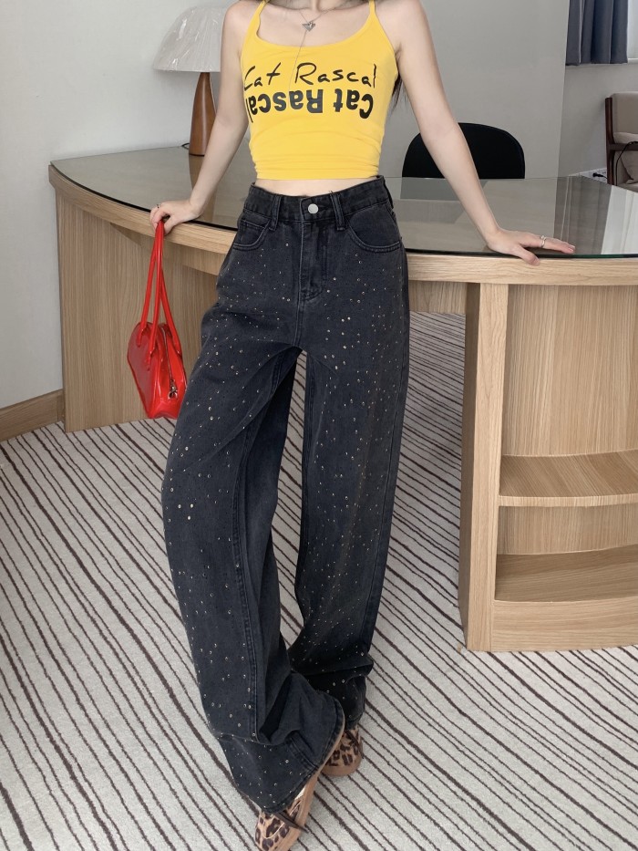 Women'S High-Waisted Black Denim Jeans, Casual Straight Leg Long Pants, Button Fly, Slight Stretch, Solid Color, with Washed Detail, for All-Season Wear