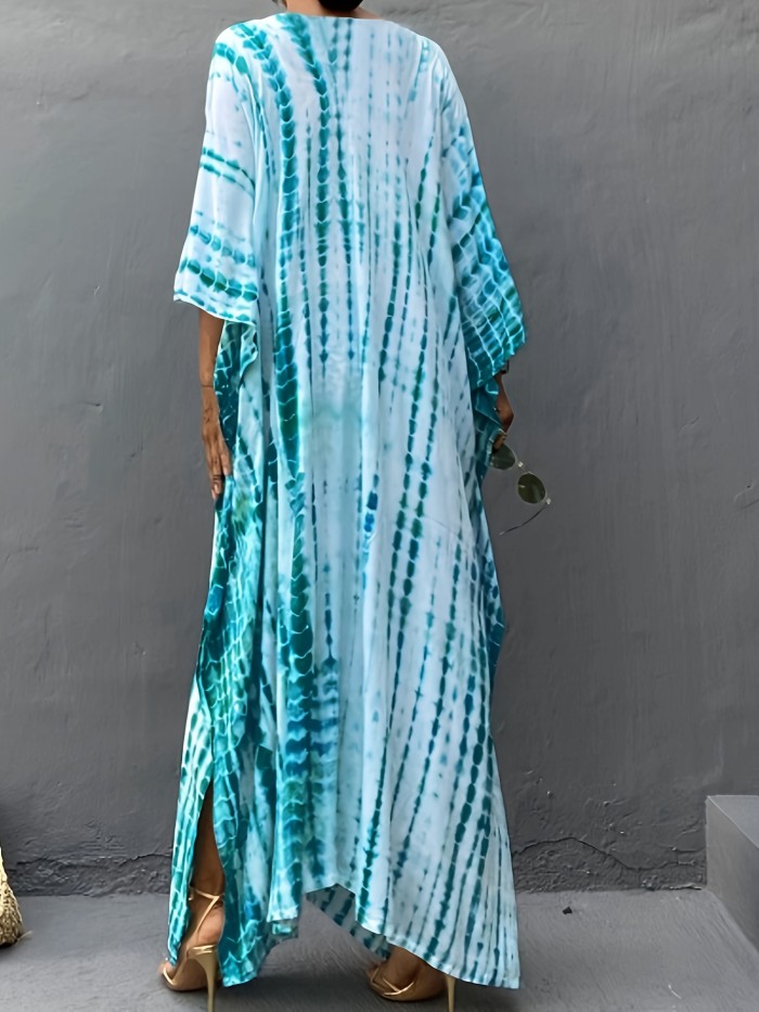 1pc Boho V-Neck Viscose Beach Cover-Up Dress, All Over Print Pullover with Split Detail, 100% Viscose Woven Fabric, Non-Stretch Casual Vacation Robe
