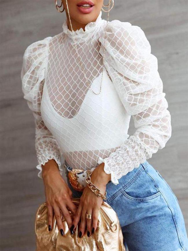 Fishnet Frill Hem Shirred Puff Sleeve Top