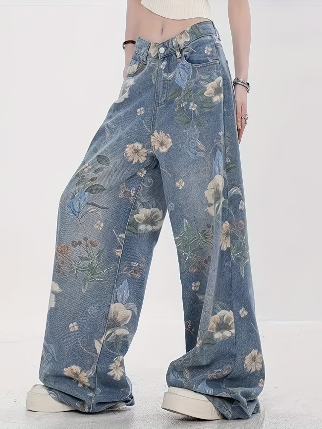 1pc Vintage Floral Print Wide Leg Jeans for Women, (78%, 20% Polyester, 2% Spandex), Casual Street Style Denim, Non-Stretch Fabric, All-Season Long Pants with Washed Finish