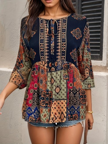 Women'S Bohemian Tropical Print Blouse, Polyester Crew Neck Top, Woven Lightweight Long Sleeve Shirt for All Seasons