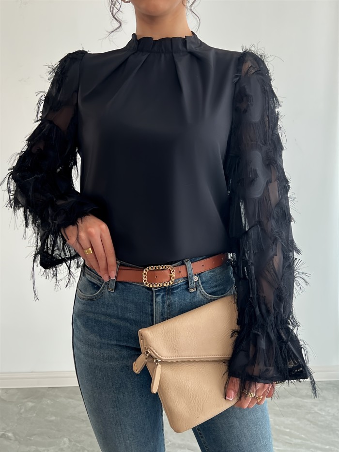 Elegant Tassel Mesh Panel Mock Neck Blouse with Ruffle Detail and Back Clasp - Solid Color, Machine Washable