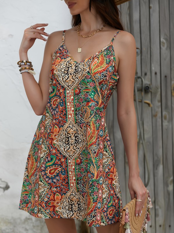 V Neck Paisley Print Cami Dress - Feminine & Flowy Vacation Style - Ideal for Spring & Summer Getaways - Lightweight Sleeveless Design - Womens Fashion