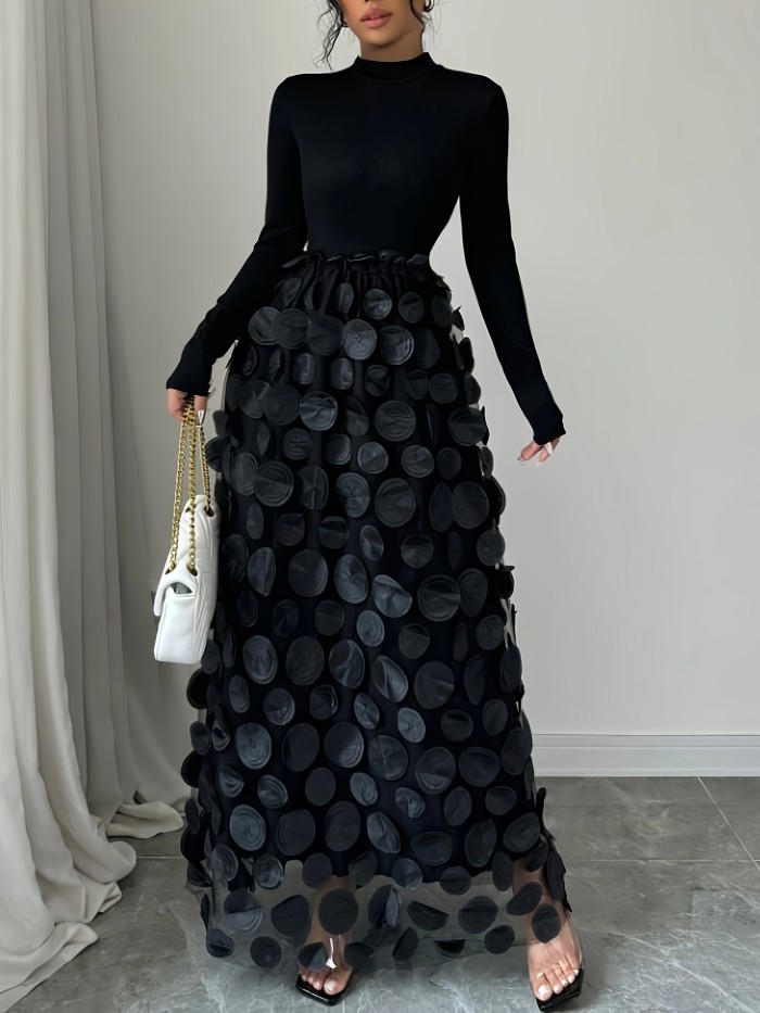 1pc Elegant High Neck Ribbed Floral Mesh Tunic Dress for Women, Long Sleeve Knit Polyester 100%, All-Season Solid Color Flowy Maxi Dress