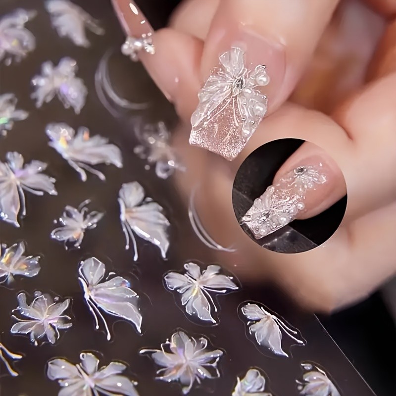 Glimmering Aurora Butterfly 3D Nail Art Stickers - Exclusive Sparkling Angel Wing Holographic Decals for a Luxurious Champagne-Toned DIY Manicure Experience