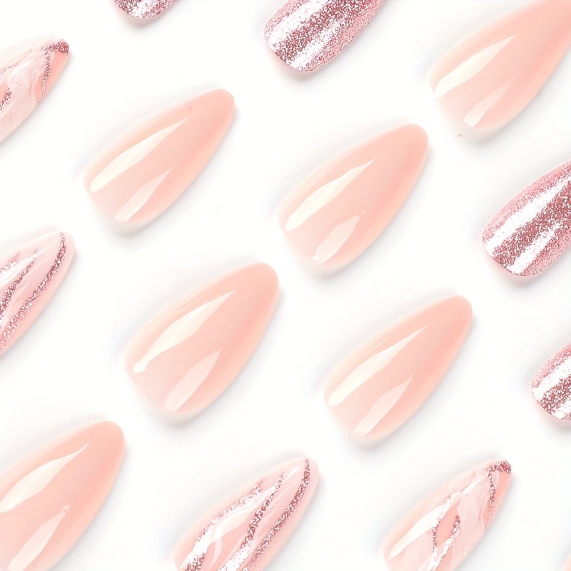 24pcs Shimmering Pink Glitter Almond Press-On Nails - Fashionable Medium Length with Unique Marble Design - Durable Acrylic Stick-On Nails for Women - Effortless, Long-Lasting Glamour