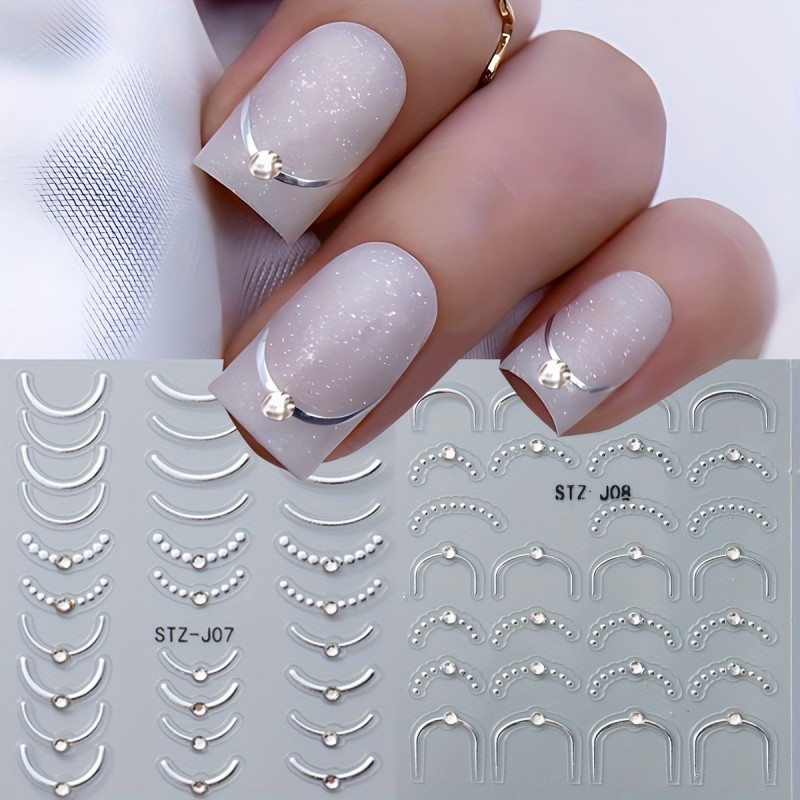 Y2K-Inspired Nail Art Stickers - Metallic French Lines with Rhinestones, Self-Adhesive Wave & Curve Decals for Manicure Decor, Black Rose Golden Silvery Golden