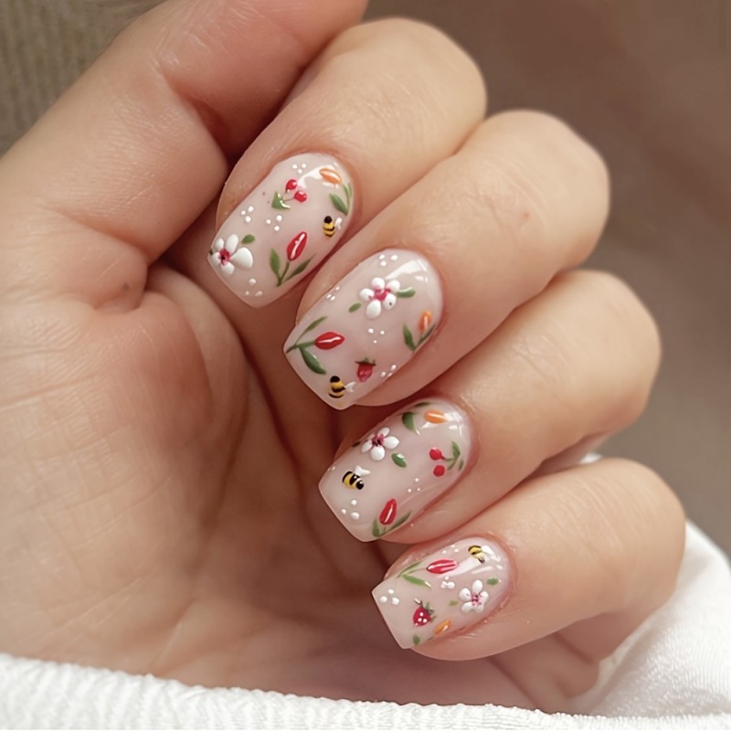24pcs Bee Floral Press-On Nails Set 24pcs Spring Summer Floral Bee Press-On Nails Set, Mixed Color Tones with Glossy Finish, Animal and Flower Patterns, Short Length, with Jelly Adhesive Tabs and Nail File