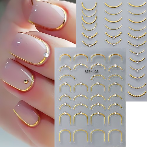 Y2K-Inspired Nail Art Stickers - Metallic French Lines with Rhinestones, Self-Adhesive Wave & Curve Decals for Manicure Decor, Black Rose Golden Silvery Golden