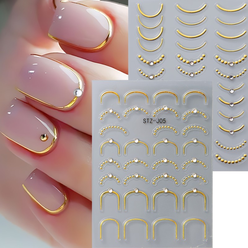 Y2K-Inspired Nail Art Stickers - Metallic French Lines with Rhinestones, Self-Adhesive Wave & Curve Decals for Manicure Decor, Black Rose Golden Silvery Golden