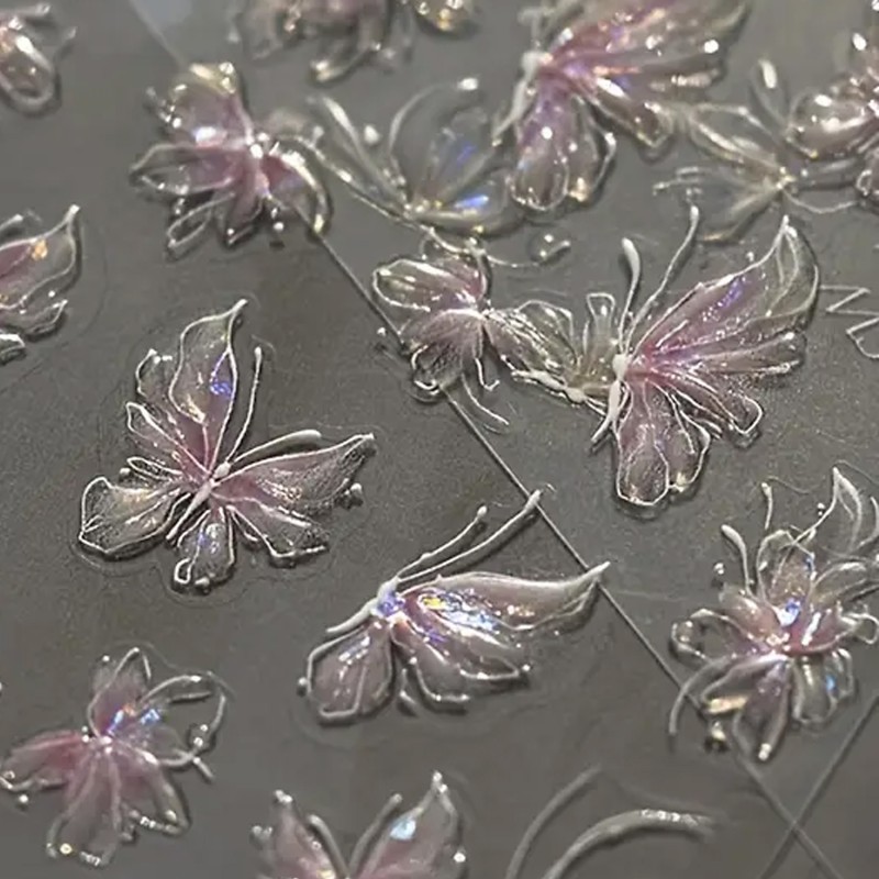 Glimmering Aurora Butterfly 3D Nail Art Stickers - Exclusive Sparkling Angel Wing Holographic Decals for a Luxurious Champagne-Toned DIY Manicure Experience
