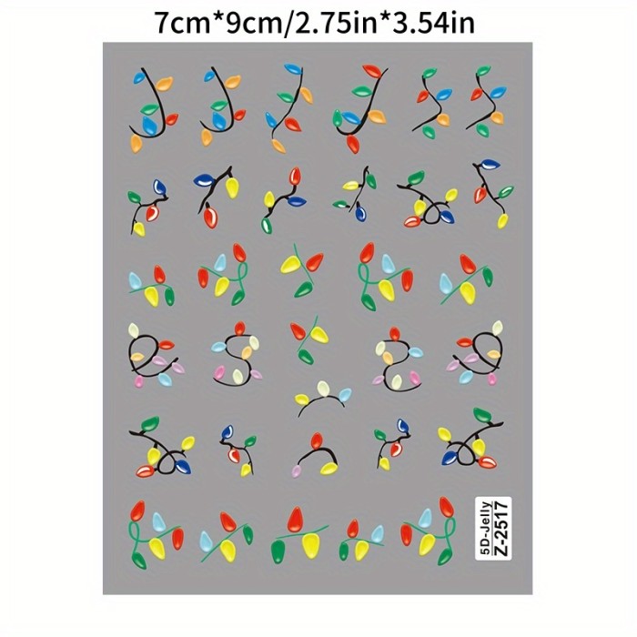 5D Neon Light Christmas Nail Art Stickers Decals, Matte Finish, Cartoon Pattern, Unscented, Single Use, Self-Adhesive for Plastics, Rectangle Shape, Embroidered Embellishment