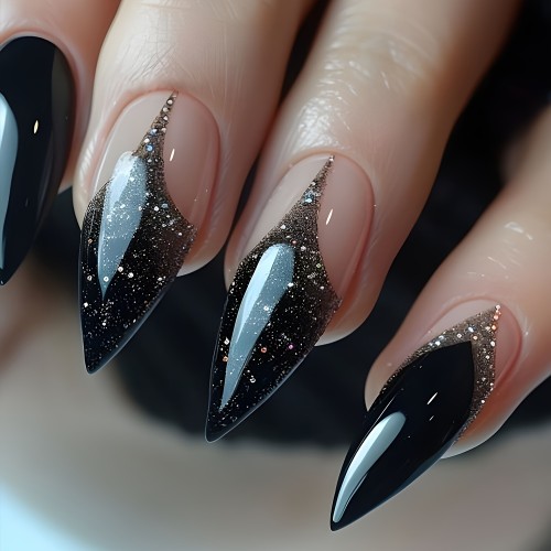 24pcs Long Stiletto Press-On Nails, Black & Pink Mysterious Glitter, Shiny Glossy Finish, Reusable False Nails for Women, Waterproof Fake Nails Set