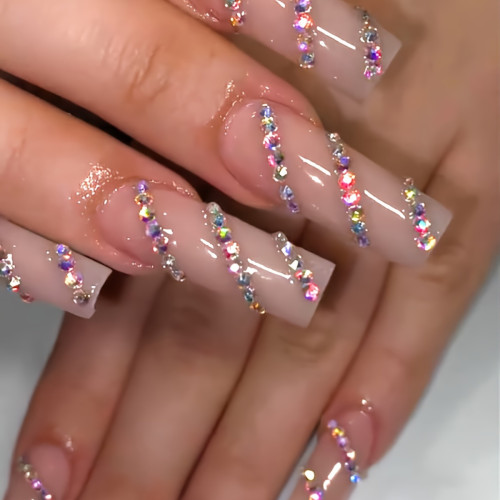 24-Piece Coffin Style Brown Tone Super Long Square Shaped Nail Set with Crystal Embellishments and Glossy Finish for Daily Use - Includes Jelly Glue & Nail File