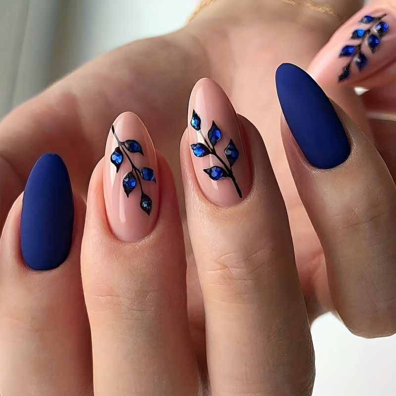24pcs Almond Shaped Press On Nails Set for Women & Girls - Short Length, Blue & Nude Tone, Glossy Finish with Glitter Plant Pattern - Full Coverage False Nail Kit