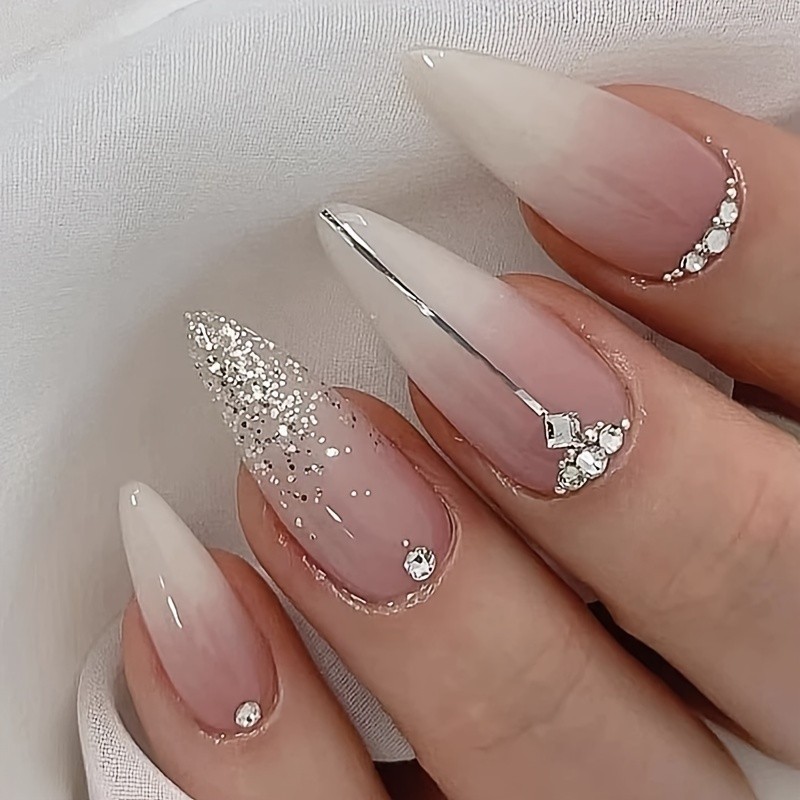 24-Piece Elegant French Glitter Almond-Shaped Long Nail Set with Handcrafted Rhinestones, Mixed Color Glossy Finish