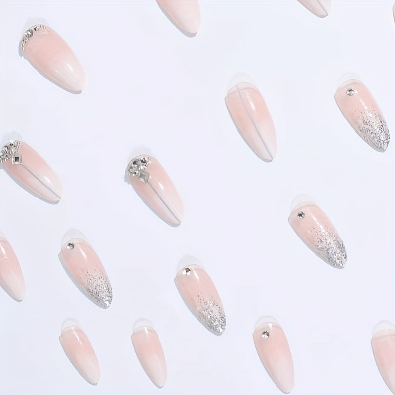 24-Piece Elegant French Glitter Almond-Shaped Long Nail Set with Handcrafted Rhinestones, Mixed Color Glossy Finish