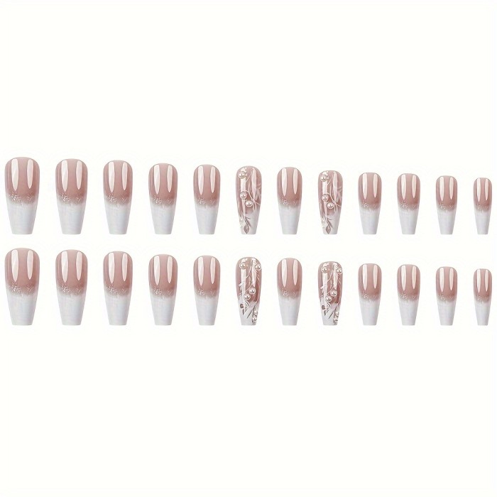 24pcs Pink Gradient Coffin Press-On Nails with Floral Design & Rhinestones - Glossy Long Ballet Shape, Full Cover Fake Nails for Women and Girls