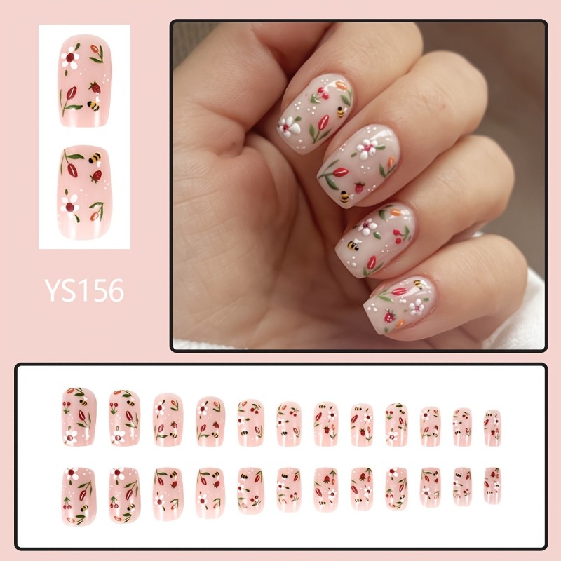 24pcs Bee Floral Press-On Nails Set 24pcs Spring Summer Floral Bee Press-On Nails Set, Mixed Color Tones with Glossy Finish, Animal and Flower Patterns, Short Length, with Jelly Adhesive Tabs and Nail File