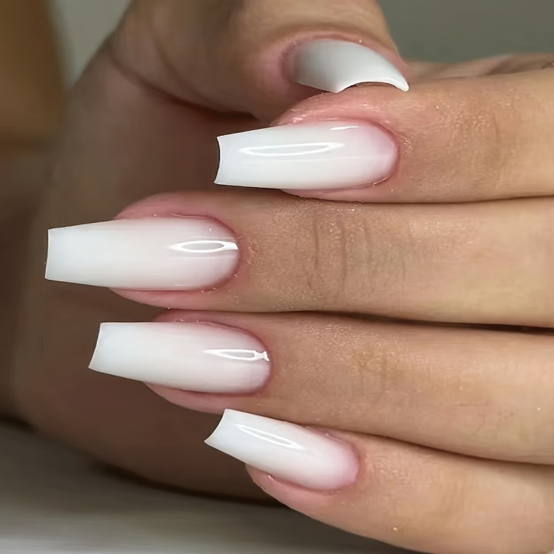 24pcs Elegant White Gradient Coffin Press-On Nails Set with Jelly Adhesive & Nail File - Glossy Finish, Long Square Shape for Hands and Feet Care, European And American, Simple White, Coffin Nails, Gradient, Jelly Gel, File