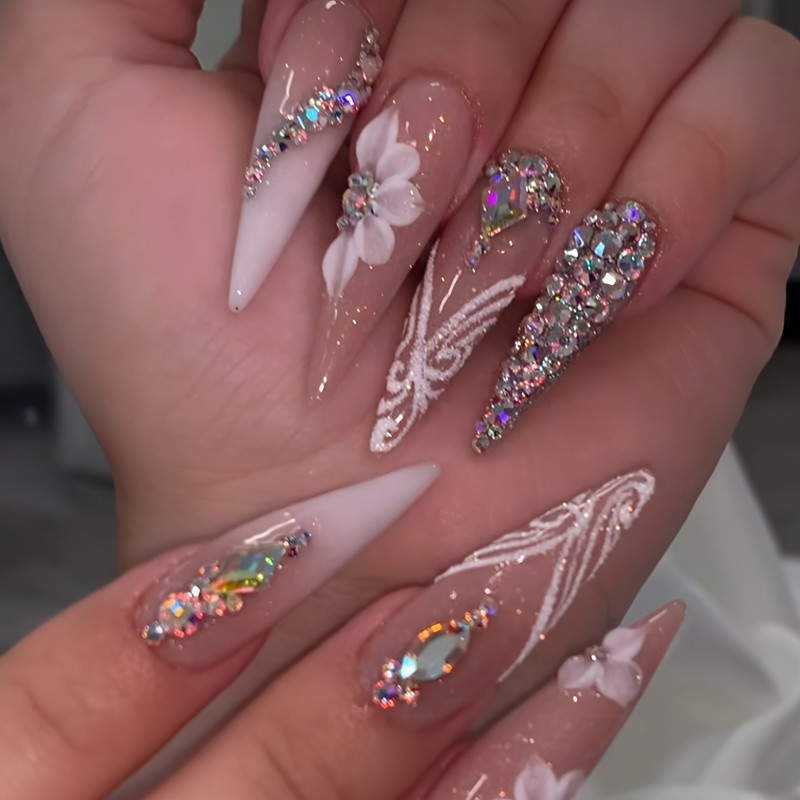 Use to Immediately Enhance Your Style, a Full Set of 24 Long Water Drop Shaped Press-on Nail Stickers with French Rhinestone Floral Patterns and Color Blocking, Korean Style, for Women's Fingernails, with 1pc of Jelly Glue and 1pc of Rolling Strip, Suitable for Parties, Dance, Daily Casual Wear, Removable and Reusable