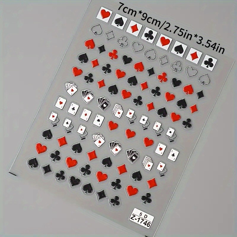 Glossy 5D Relief Poker Card Nail Art Stickers, Self-Adhesive Rectangle Decals with Plaid Pattern, Unscented Plastic Embellished with Embroidery for Single Use, Anime Themed for Plastic Surfaces