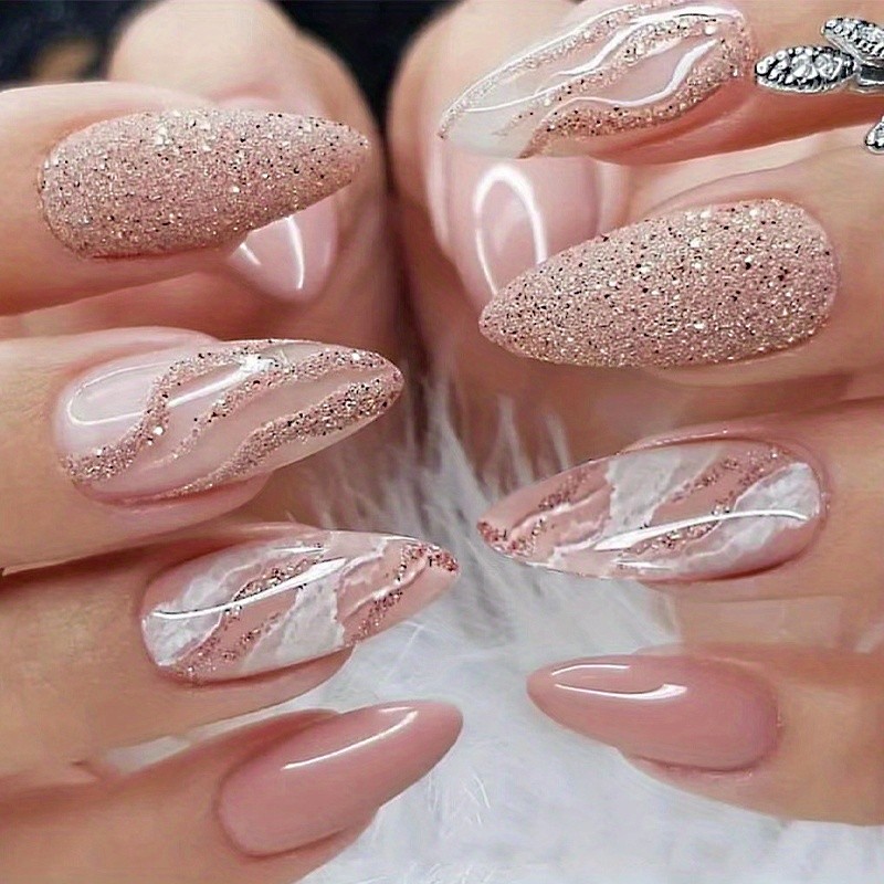 24pcs Shimmering Pink Glitter Almond Press-On Nails - Fashionable Medium Length with Unique Marble Design - Durable Acrylic Stick-On Nails for Women - Effortless, Long-Lasting Glamour