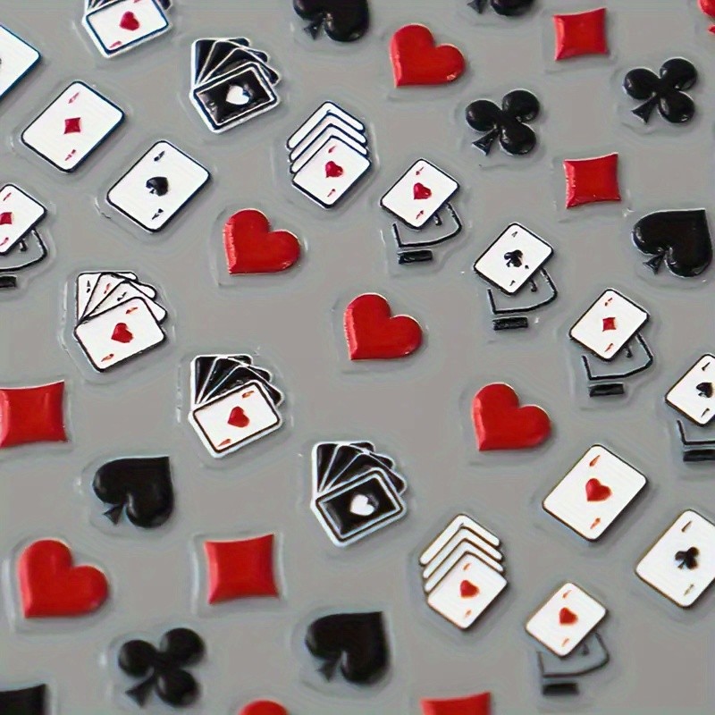Glossy 5D Relief Poker Card Nail Art Stickers, Self-Adhesive Rectangle Decals with Plaid Pattern, Unscented Plastic Embellished with Embroidery for Single Use, Anime Themed for Plastic Surfaces