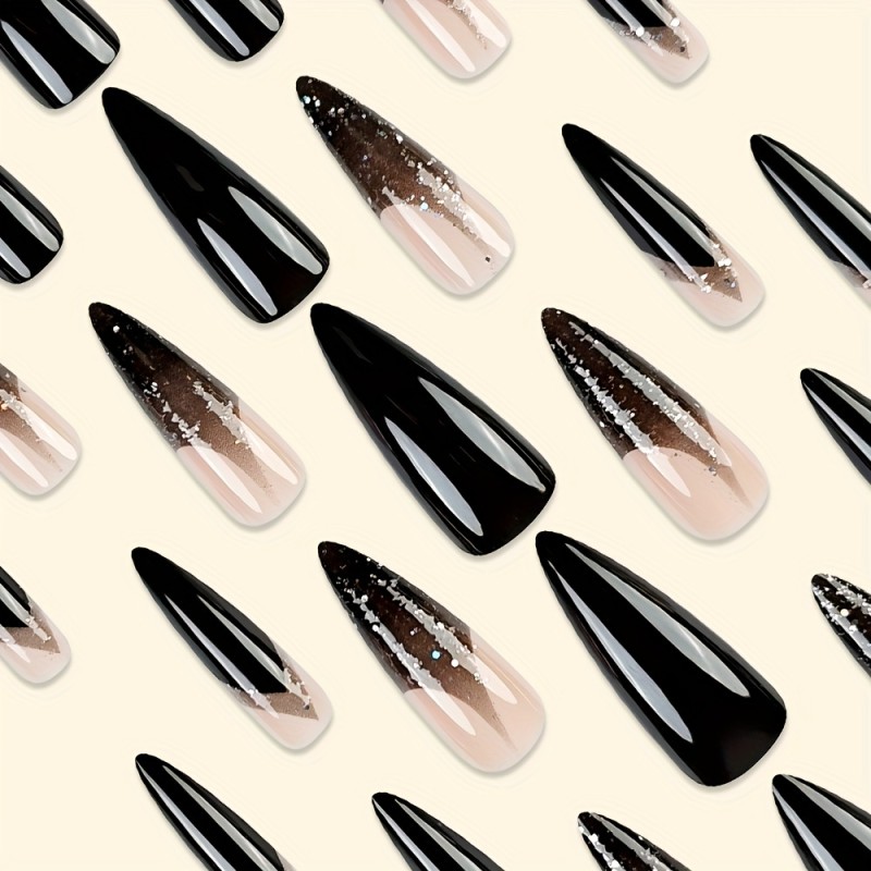 24pcs Long Stiletto Press-On Nails, Black & Pink Mysterious Glitter, Shiny Glossy Finish, Reusable False Nails for Women, Waterproof Fake Nails Set