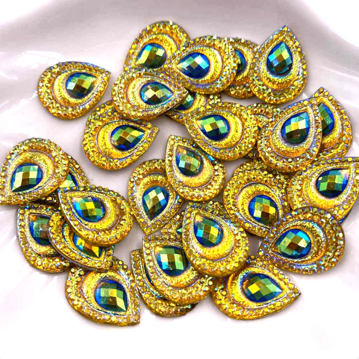 20pcs Vibrant Peacock Eye Rhinestone Appliques - 13mm*18mm Resin Flatbacks for Wedding DIY, Scrapbooking, Jewelry & Crafts - Dazzling Black Yellow Drops, Easy Apply, Artistic Flair