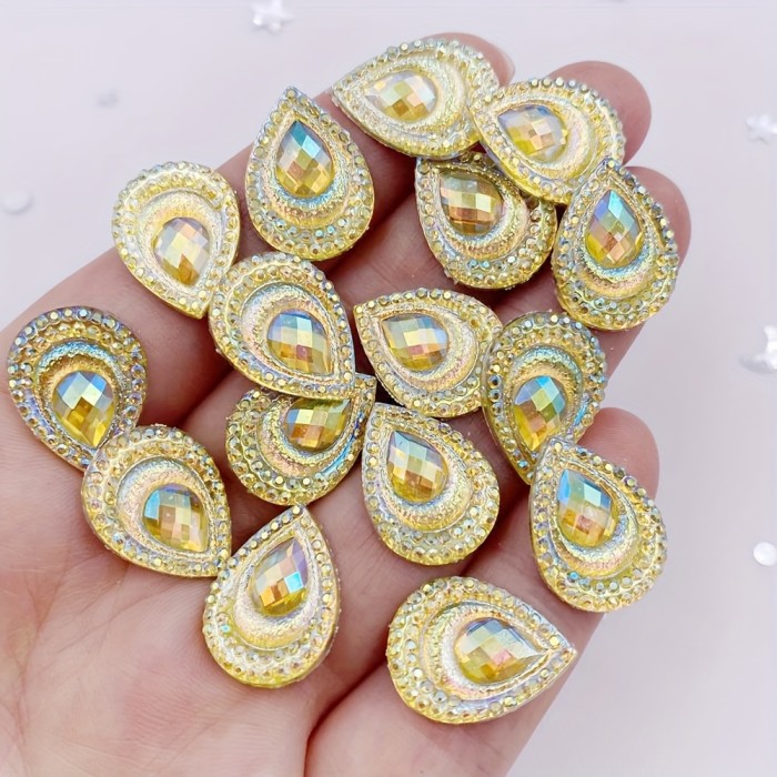 20pcs Vibrant Peacock Eye Rhinestone Appliques - 13mm*18mm Resin Flatbacks for Wedding DIY, Scrapbooking, Jewelry & Crafts - Dazzling Black Yellow Drops, Easy Apply, Artistic Flair