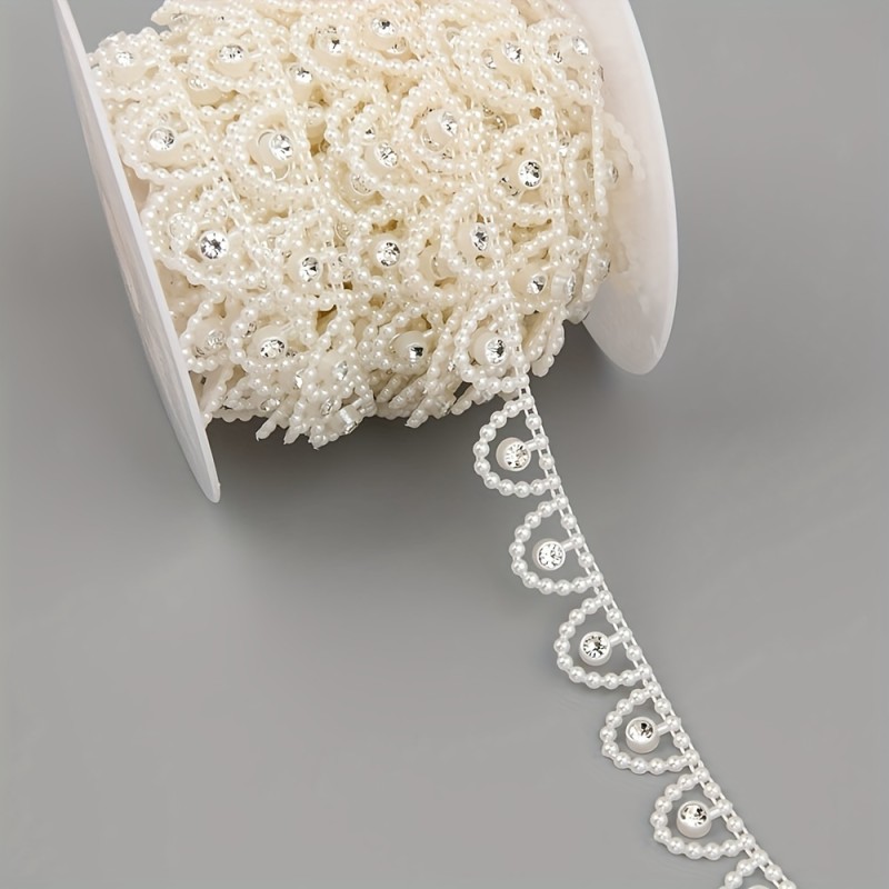 90cm\u002F35.4in Length 1.4cm\u002F0.55in Width ABS Flatback Plastic Beads, Semicircle with Round Rhinestone Chain Sewing Trim Wedding Clothes Cake Decoration DIY Jewelry Making