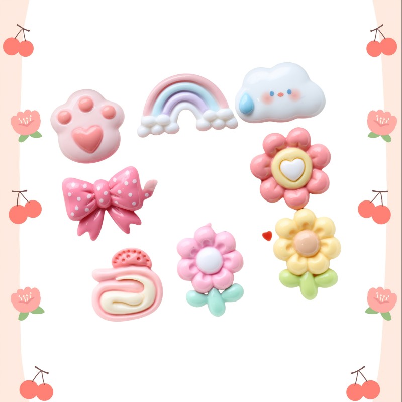 8pcs Cute Resin Charms Set, DIY Craft Supplies for Keychains, Hair Clips, Phone Cases - Bunny, Cloud, Rainbow, Flower Designs - Jewelry Making Parts and Accessories Kit