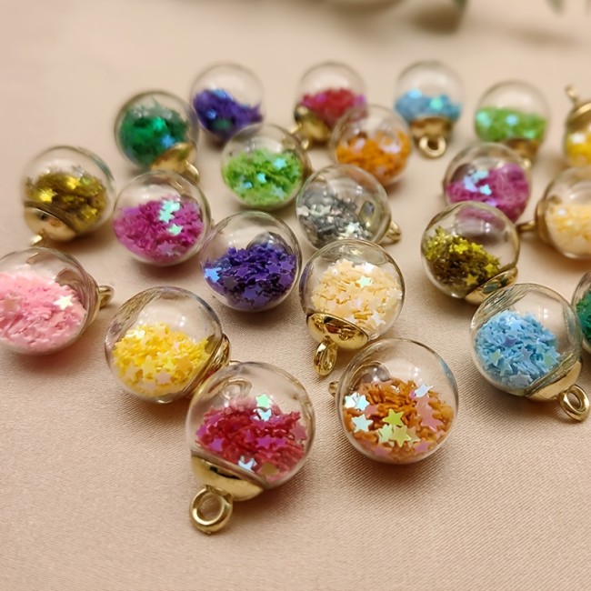 20pcs\u002Fpack Vibrant Colored Glass Ball Pendant - Mixed Star Sequins Jewelry Accessories for DIY Handmade Crafts - Transparent 2.1*1.6cm Glass Ball Wishing Ball for Necklace Making