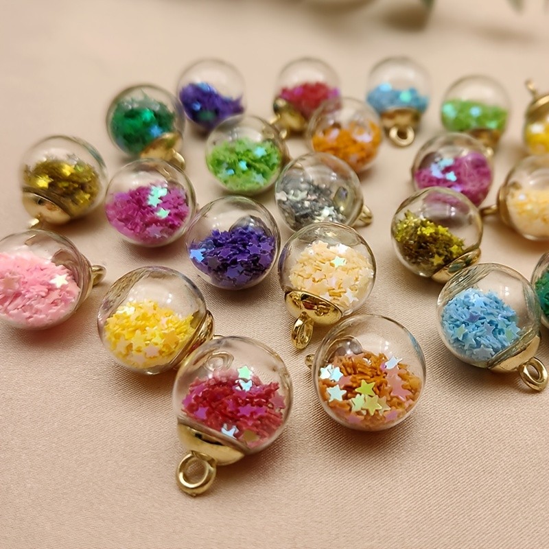 20pcs\u002Fpack Vibrant Colored Glass Ball Pendant - Mixed Star Sequins Jewelry Accessories for DIY Handmade Crafts - Transparent 2.1*1.6cm Glass Ball Wishing Ball for Necklace Making