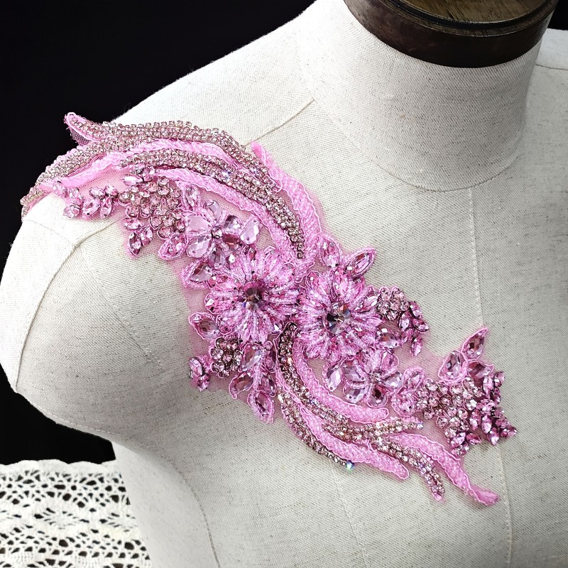 1pc Handmade Pink Lace Applique with Glass Rhinestones and Nail Beads, Elegant Dress Decoration Accessory for Clothing Embellishment (S2-Pink)