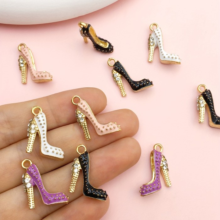 10pcs 18x14mm 4 Colors Alloy Enamel High Heels Charms Inlaid Rhinestones For Necklace Keychain DIY Crafting Jewelry Accessory Making Supplies