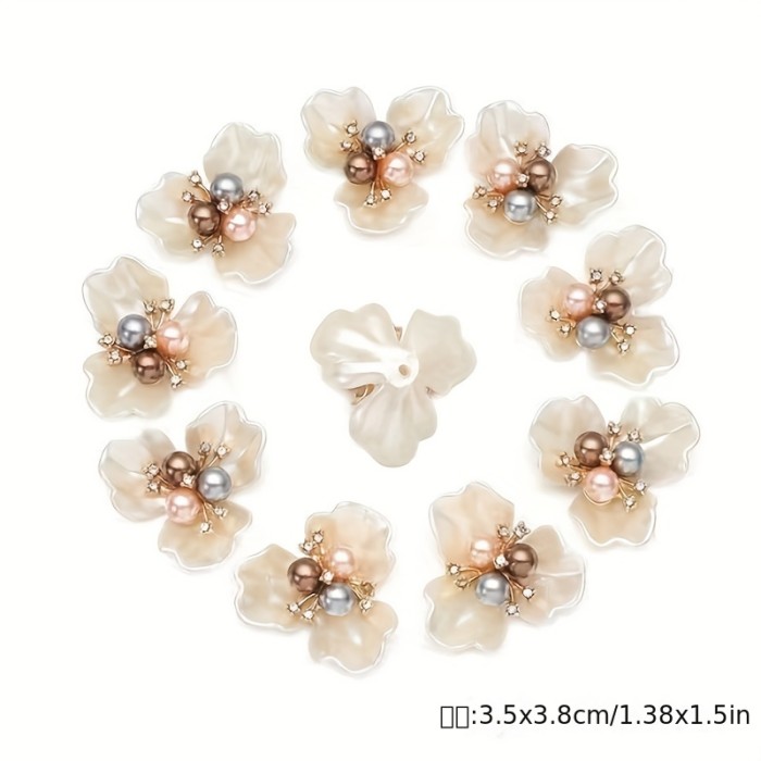 10pcs Lustrous Pearl & Dazzling Rhinestone Flower Charms - Authentic Shell Accents for Hats, Clothes DIY Decor - Add Unique Elegance to Your Handmade Creations