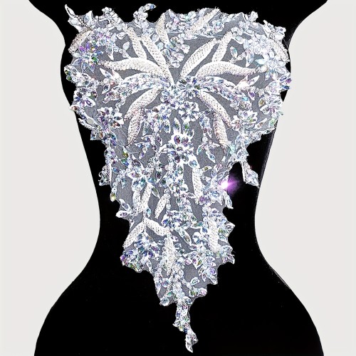 Handmade Sewing Beaded Craft Lace Rhinestone Dress Applique Patch Wedding Dress Decoration Dress DIY (M6-silverAB)