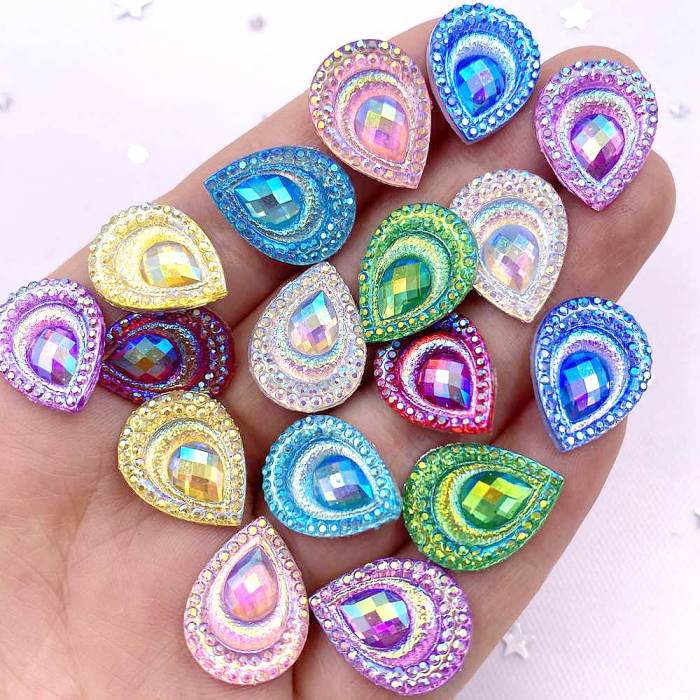 20pcs Vibrant Peacock Eye Rhinestone Appliques - 13mm*18mm Resin Flatbacks for Wedding DIY, Scrapbooking, Jewelry & Crafts - Dazzling Black Yellow Drops, Easy Apply, Artistic Flair