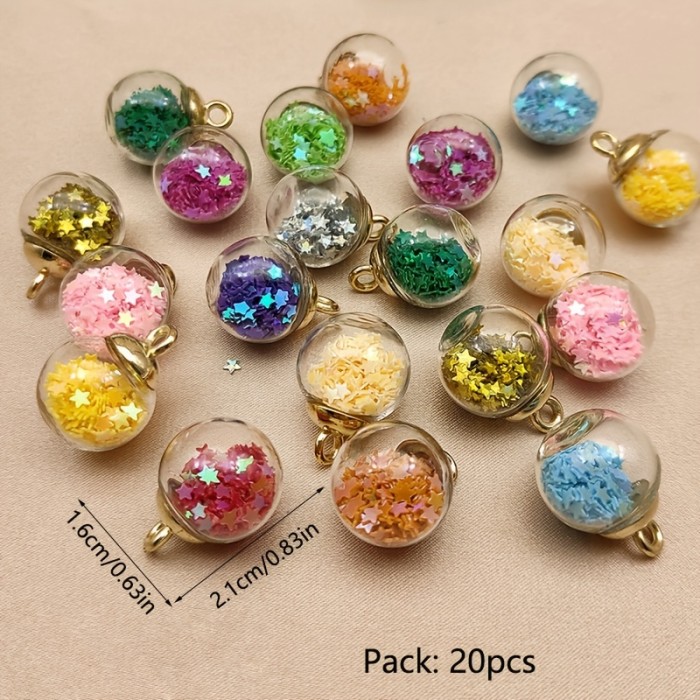 20pcs\u002Fpack Vibrant Colored Glass Ball Pendant - Mixed Star Sequins Jewelry Accessories for DIY Handmade Crafts - Transparent 2.1*1.6cm Glass Ball Wishing Ball for Necklace Making