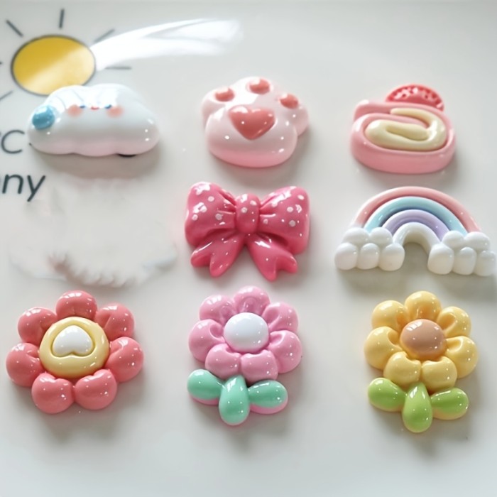 8pcs Cute Resin Charms Set, DIY Craft Supplies for Keychains, Hair Clips, Phone Cases - Bunny, Cloud, Rainbow, Flower Designs - Jewelry Making Parts and Accessories Kit