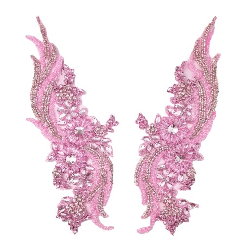 1pc Handmade Pink Lace Applique with Glass Rhinestones and Nail Beads, Elegant Dress Decoration Accessory for Clothing Embellishment (S2-Pink)