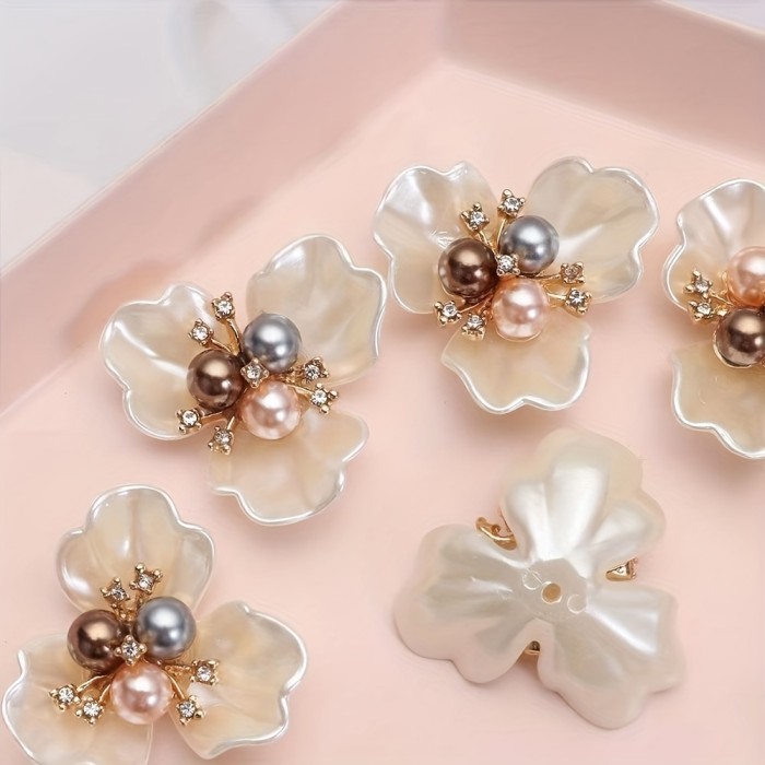 10pcs Lustrous Pearl & Dazzling Rhinestone Flower Charms - Authentic Shell Accents for Hats, Clothes DIY Decor - Add Unique Elegance to Your Handmade Creations