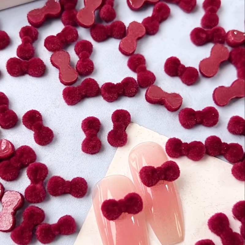 20pcs Velvet Bow Nail Art Studs, Resin Burgundy Red Fuzzy Pom-pom Decorations, Fluffy Sweater Texture Bow Design, DIY Nail Accessories, Perfect Gift for Valentine'S Day, Unscented