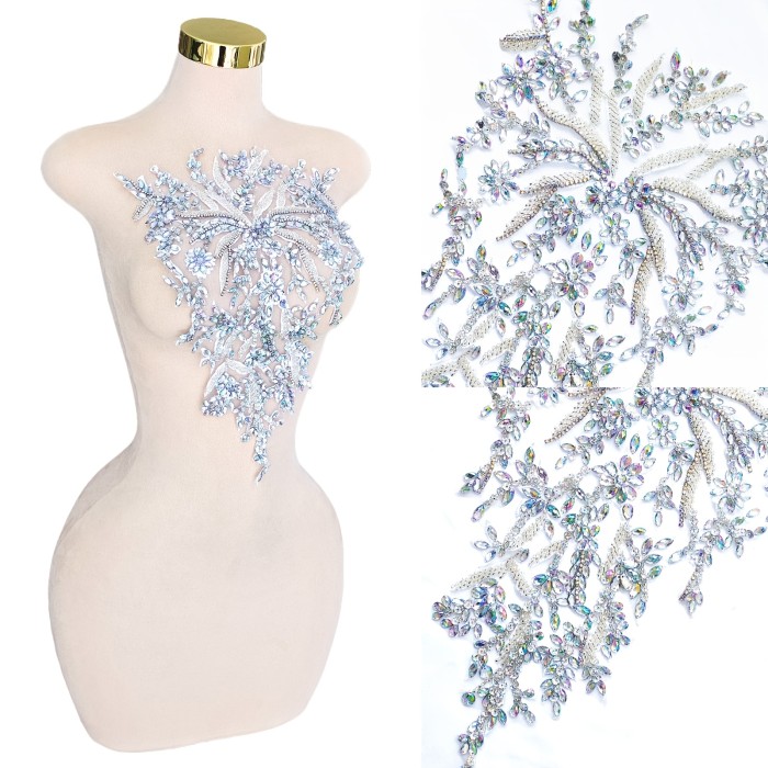 Handmade Sewing Beaded Craft Lace Rhinestone Dress Applique Patch Wedding Dress Decoration Dress DIY (M6-silverAB)