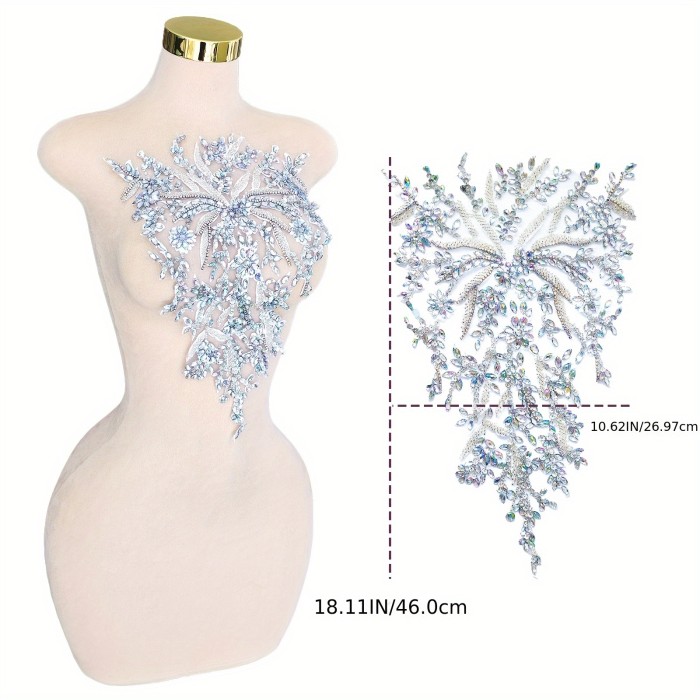 Handmade Sewing Beaded Craft Lace Rhinestone Dress Applique Patch Wedding Dress Decoration Dress DIY (M6-silverAB)