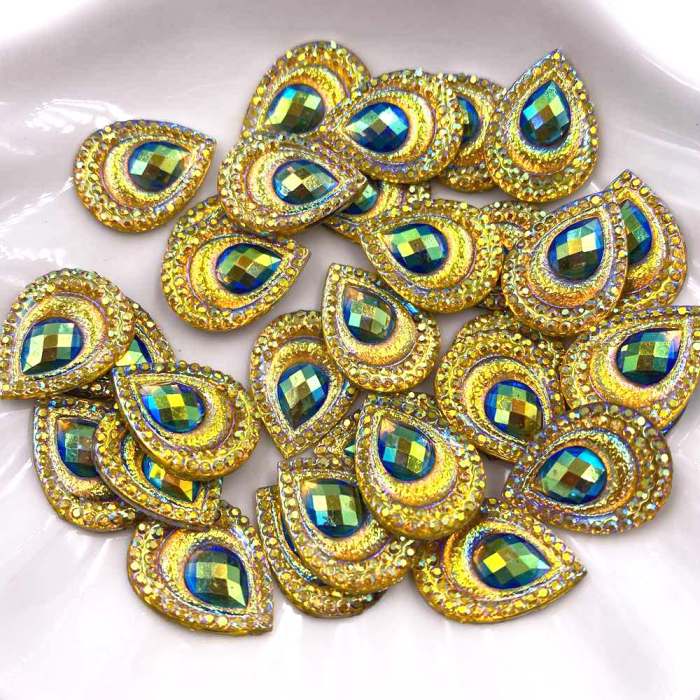 20pcs Vibrant Peacock Eye Rhinestone Appliques - 13mm*18mm Resin Flatbacks for Wedding DIY, Scrapbooking, Jewelry & Crafts - Dazzling Black Yellow Drops, Easy Apply, Artistic Flair