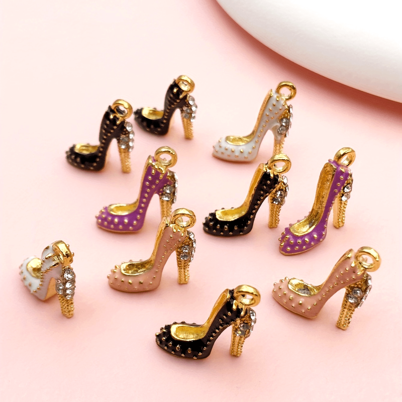 10pcs 18x14mm 4 Colors Alloy Enamel High Heels Charms Inlaid Rhinestones For Necklace Keychain DIY Crafting Jewelry Accessory Making Supplies